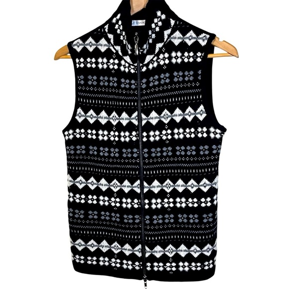 Rivamonti 100% Wool Fair Isle Vest Black White Full Zip Italy Woman’s Size Large - Picture 1 of 7